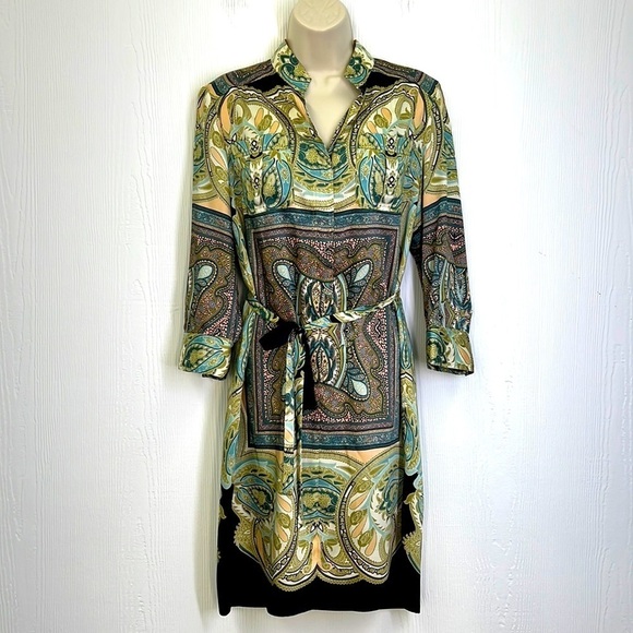 Donna Morgan - Paisley Green & Black With Pink Design 3/4 Sleeves Midi Dress 4 - Picture 1 of 14